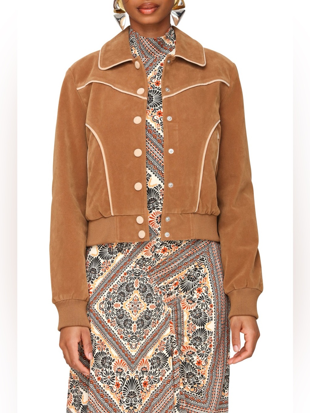 Avec Les Filles Camel Suede Bomber Jacket with Contrast Piping